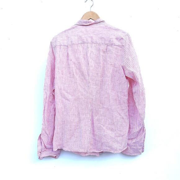 Frank & Eileen Barry Linen Striped Button Up Shirt Top Pink White Large Yellow - Picture 2 of 7
